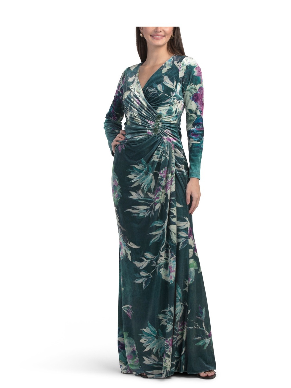 Teal Floral Long Sleeve Wrap Maxi Dress